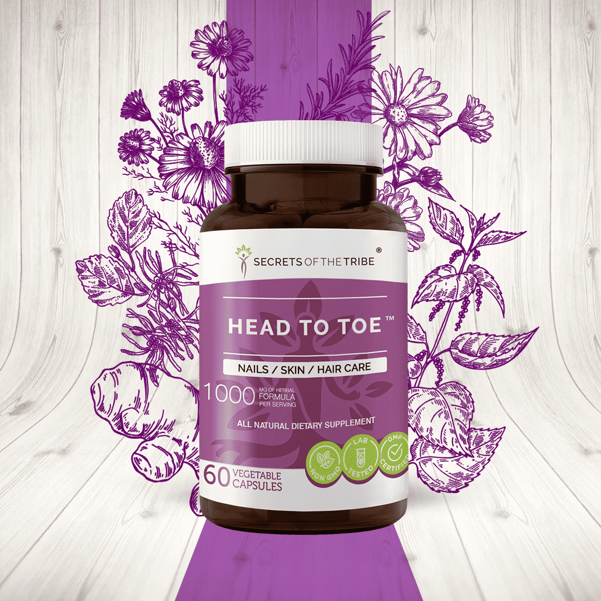 Secrets of the Tribe Head to Toe Capsules Dietary Supplement, Natural Herb Blend, Made from Chamomile, Witch Hazel, Pot Marigold, Turmeric, Stinging Nettle, Rosemary 60 Count