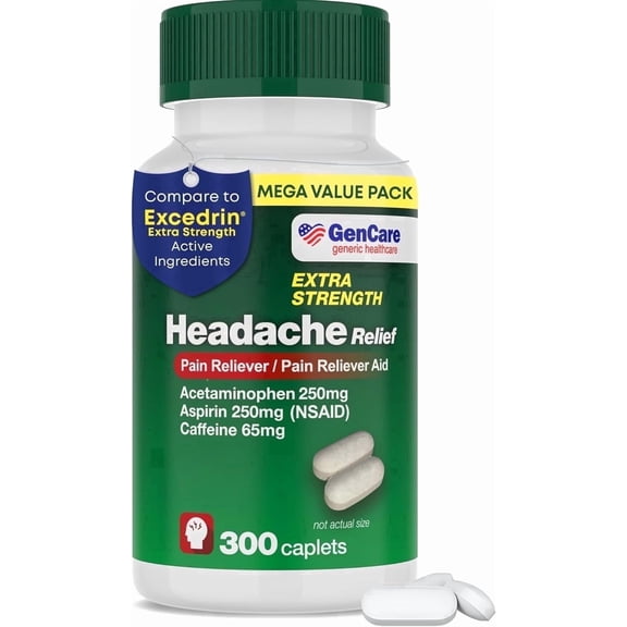 GenCare Headache Relief Acetaminophen 250mg, Aspirin 250mg & Caffeine 65mg, 300 Caplets