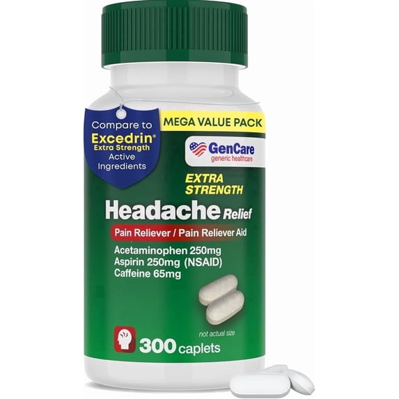 GenCare Headache Relief Acetaminophen 250mg, Aspirin 250mg & Caffeine 65mg, 300 Caplets