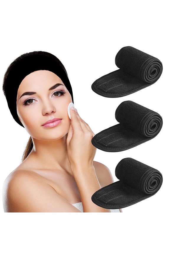 Headband 3 Pack Ultra Soft Adjustable Face Wash Headband Terry Cloth Stretch Make Up Wrap for Face Washing, Shower, Facial Mask, Yoga (Black+Blac+Black)