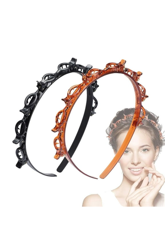 Headband with Clips - 2 Pack Bangs Hairstyle Headband with 8 Clips, Butterfly Clip Headband, Multi Layer Toothed Braid Headband Hair Accessories for Women Girls, Multicolor