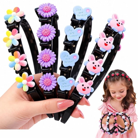 Headband with Clips 4 Pack Cute Cartoon Braiding Hairband for Girls, Hair Clip Headband Double Layer Twist Plait Toothed Bangs Hairstyle Hairpin Kids Hair Accessories Styling Tool