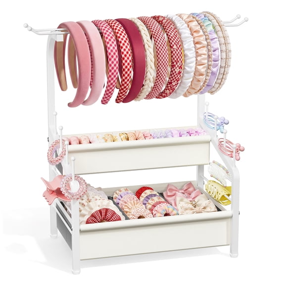 Headband Holder Stand Hair Accessories Organizer for Girls with Storage Base, Deer Antler Display for Headbands, Scrunchies, Bows & Clips, Cute Vanity Organizer, White