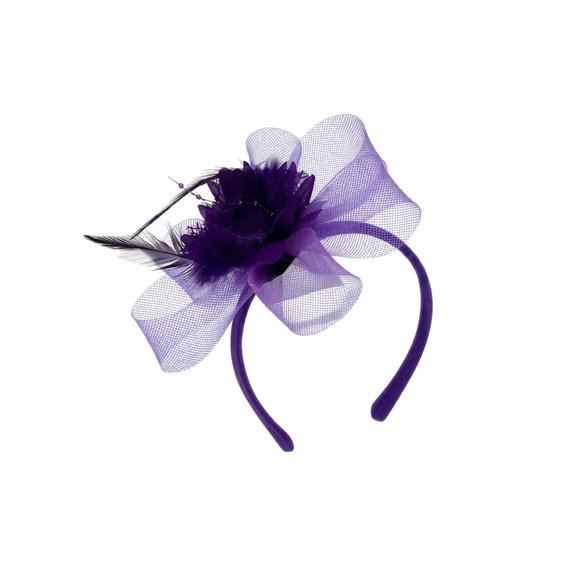 Headband Purple Net Fascinator Feather Accent for Halloween Party and Formal Event Attire 1 Pack