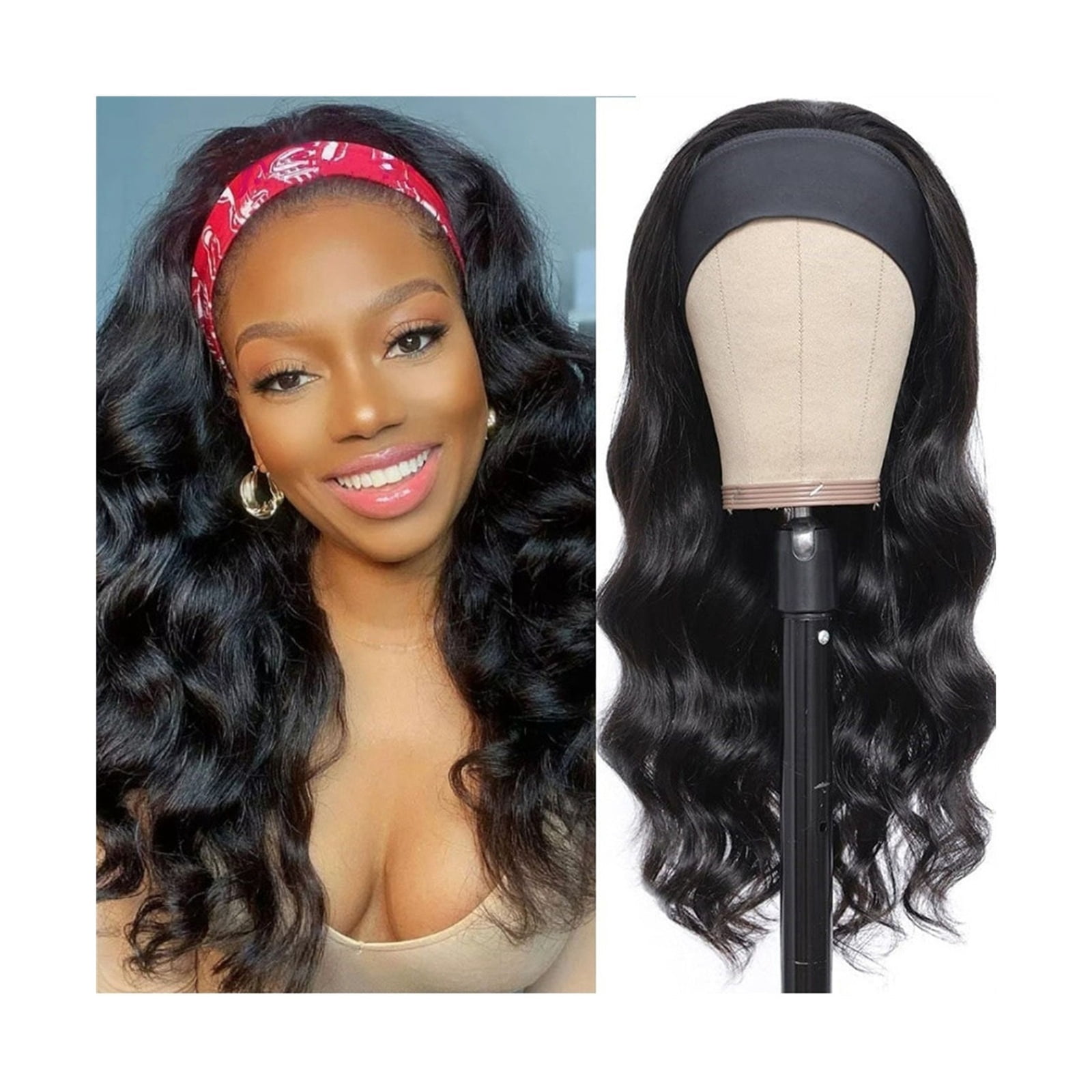 Headband Wig Body Wave Human Hair Wig Glueless None Lace Front Wig for Black Woman Natural Color Remy Full Machine Wear and Go Wigs 180% Density