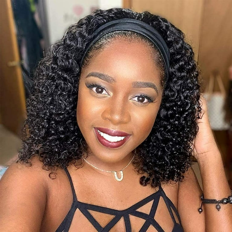 Headband Wig Deep Wave Human Hair 150 Density Headband Wigs Glueless None Lace Front Wigs Natural Color for Black Women 12 Inch Walmart