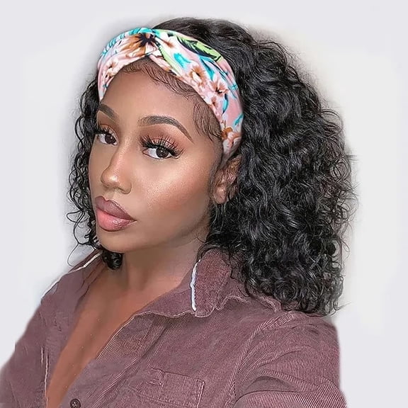Headband Wig Deep Wave Human Hair 150% Density Headband Wigs Glueless None Lace Front Wigs Natural Color for Black Women (14 Inch)