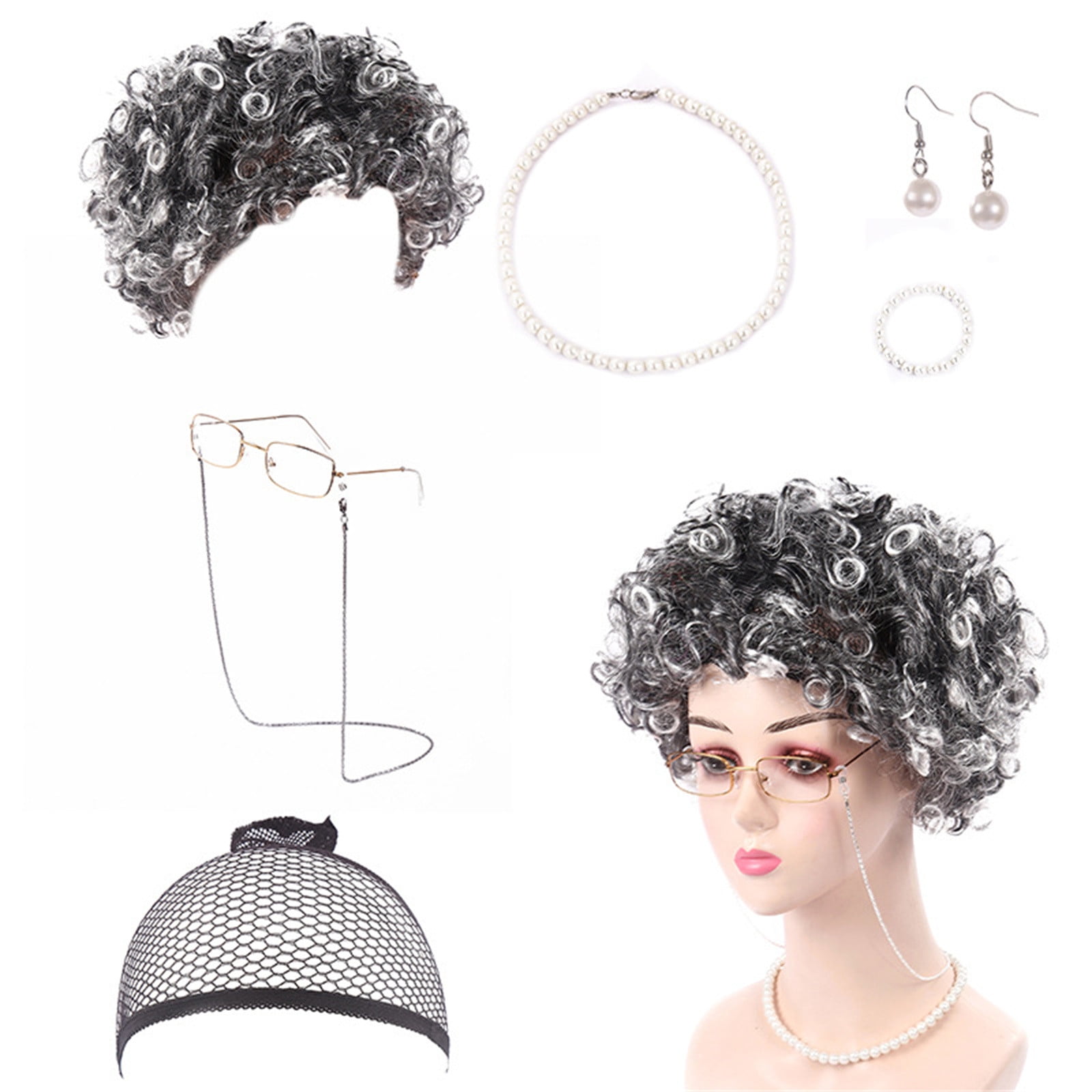 Yewong Old Lady Costume Set - Grey Wig, Glasses, Handbag, Inflatable Cane, Necklace (7-Piece)