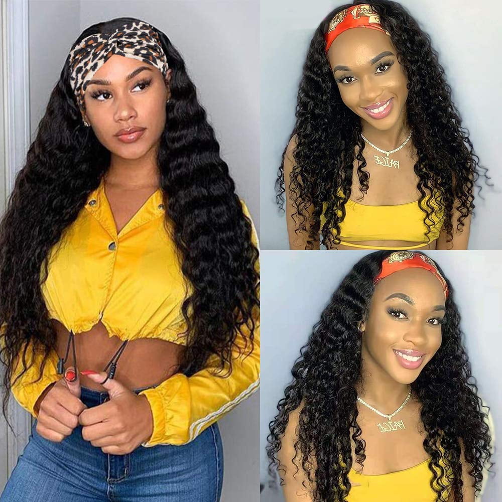 Headband Wig Human Hair Deep Wave Glueless None Lace Front Headband Wig Brazilian Virgin Hair Wigs for Black Women - 28 inch