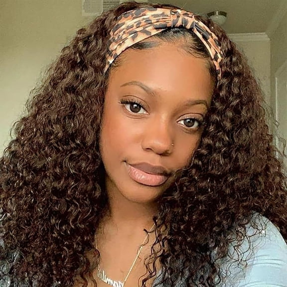 Headband Wig Human Hair Headband Wig Deep Wave Human Hair Wigs for Black Women Glueless Human Hair Wigs Machine Made 150% Density No Lace Deep Headband Wig Chocolate Brown 12 inch