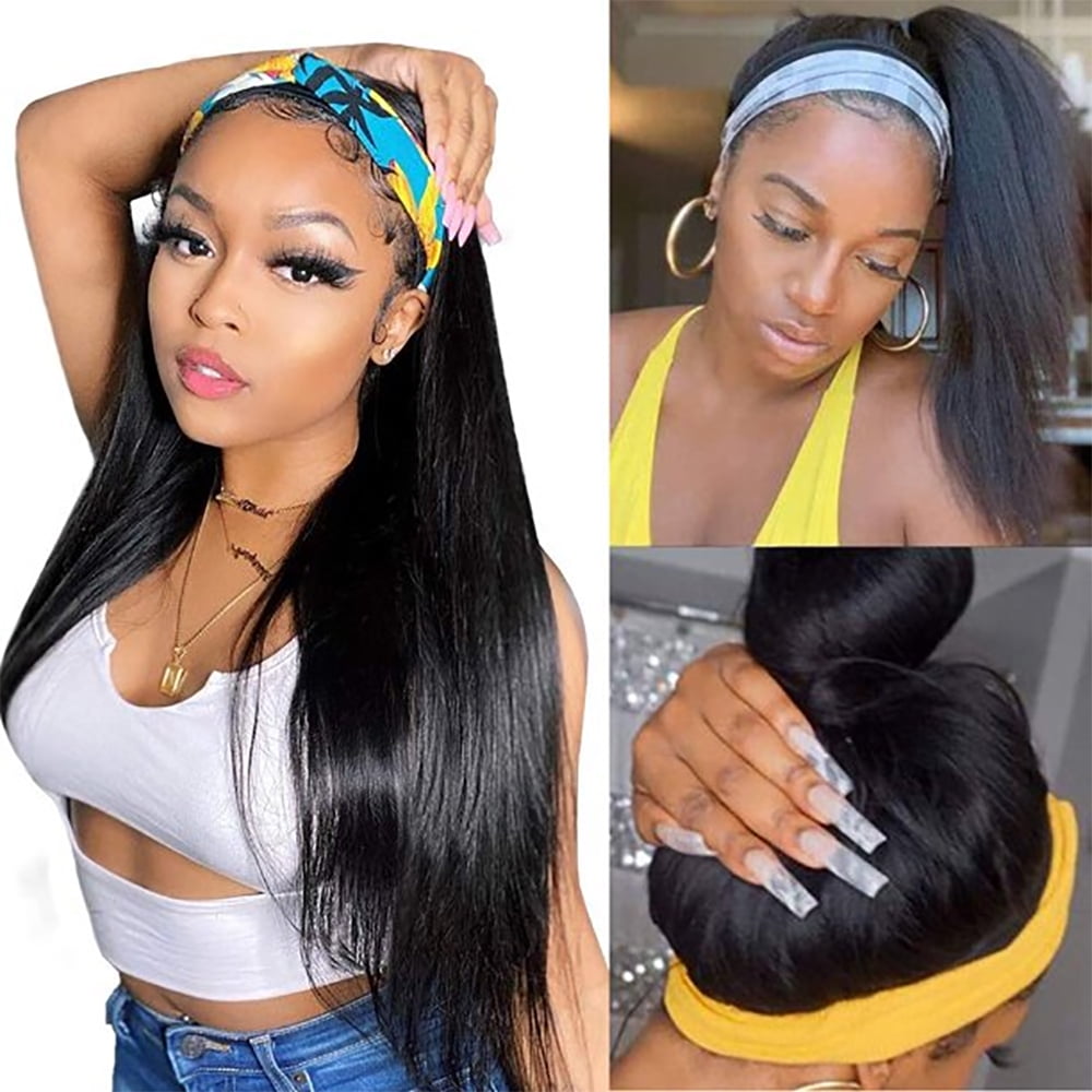 Headband Wig Human Hair Straight Glueless None Lace Front Headband Wig Brazilian Virgin Hair Wigs for Black Women - 14 inch