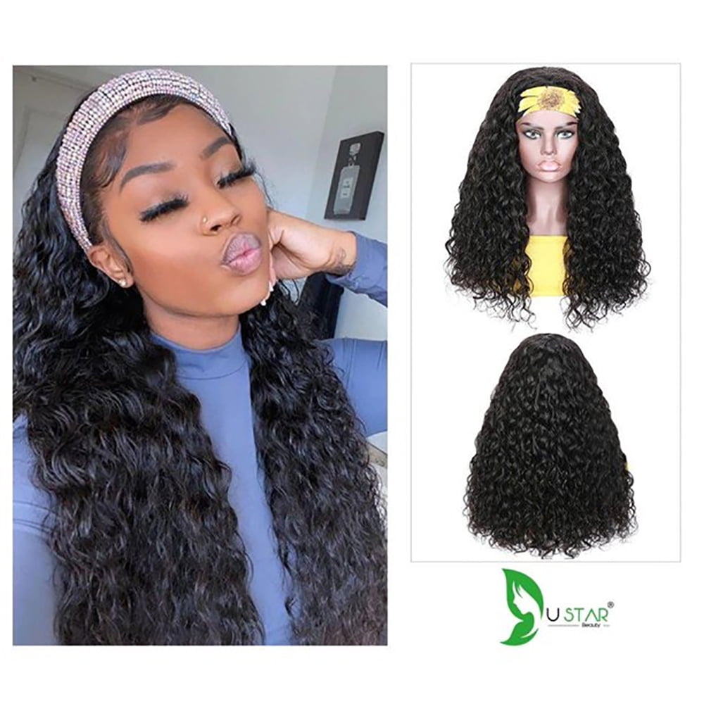 Headband Wig Human Hair Water Wave Glueless None Lace Front Headband Wig Brazilian Virgin Hair Wigs for Black Women - 16 inch