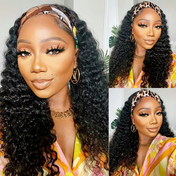 Headband Wig Human Hair Wigs 16 Inch Wear and Go Glueless Wig Curly Deep Wave Headband Wig Natural Color