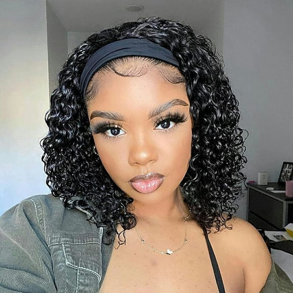 Headband Wig Human Hair for Women Short Curly Hair Deep Wave Wig 12 Inch Natural Color