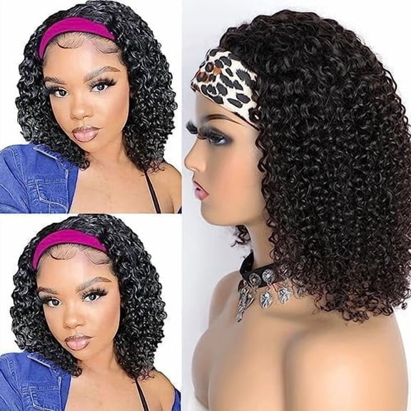 Headband Wigs Afro Curly Headband Wig for Black Women Human Hair Water Wave Hair Women's Headband Wig Deep Wave 10 Inch 150% Density Machine Made No Lace deep Curly Front Headband Wig wigs