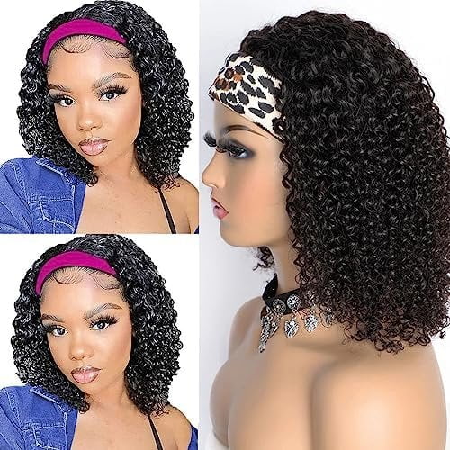 Headband Wigs Afro Curly Headband Wig for Black Women Human Hair Water Wave  Hair Women's Headband Wig Deep Wave 10 Inch 150% Density Machine Made No Lace deep Curly Front Headband Wig wigs