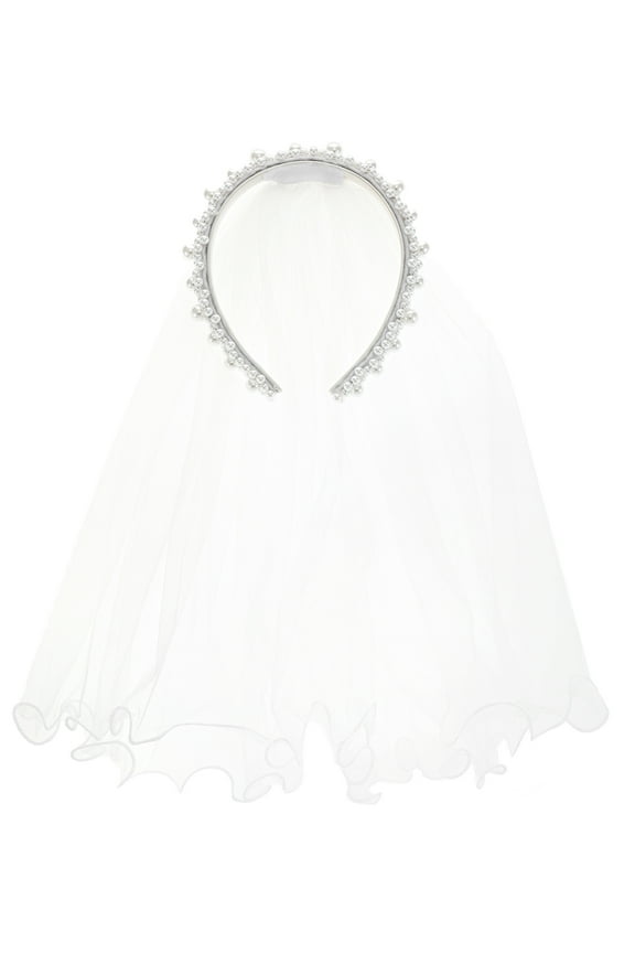 Bride Pearl Headband with Veil, Adult, White, 1 Piece by Trimmings