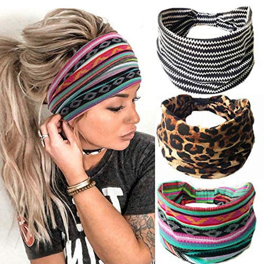Headbands Leopard Hair Bands Knoted Turban Headband Stretch Twist Head  Wraps Stripe Cloth Head Bands for Women and Girls 3 Pcs (Boho) 