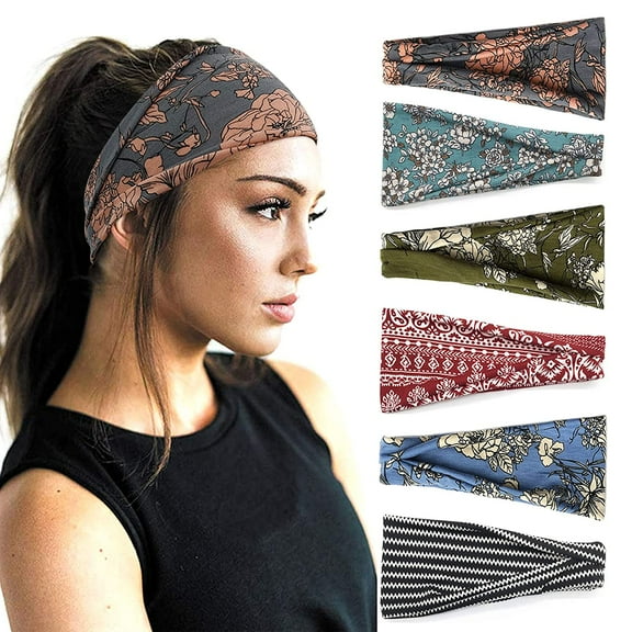 Headbands for Women, 6 PCS Wide Boho Headbands Elastic Bandana Non Slip Sweat Fashion Large Headwraps Hair Bands Headwear fit All Head Sizes for Workout, Sports, Running, Yoga (Set 6)