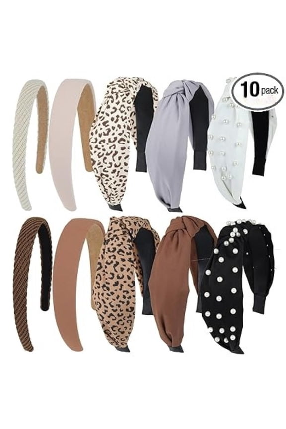 Headbands for Women Girls, 10pcs Fashion Knotted Leopard Pearl Thin Headband for Women's Hair, Cute Trendy Decorative Hairbands Hair Accessories, Brown