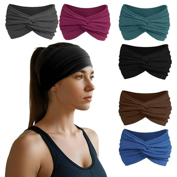 Headbands for Women, Non Silp Wide Hair Bands, Elastic Thick Head Bands, Stretchy Soft Sports Sweat Bands for Spa Workout Running Gym, Twist Knotted Cotton Cloth Turban Hair Accessories 6Pcs