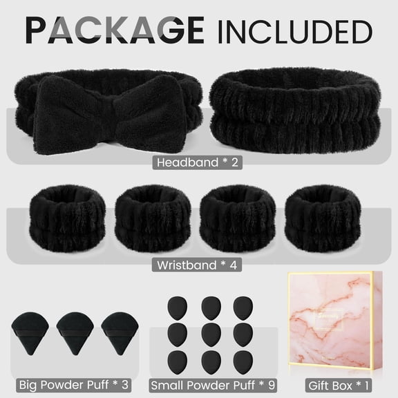 Headbands and Wristbands Set for Washing Face, Spa, Skincare, Gift for Women and Girls, with Powder Puffs, Pink