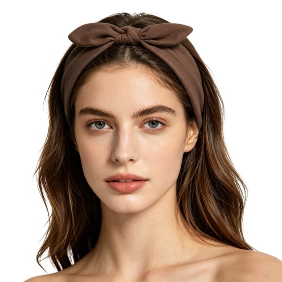 Headbands for Women Bow Knotted Hair Band Facial Cloth Ears Running Sport Elastic Hair Wrap Coffee Free Size