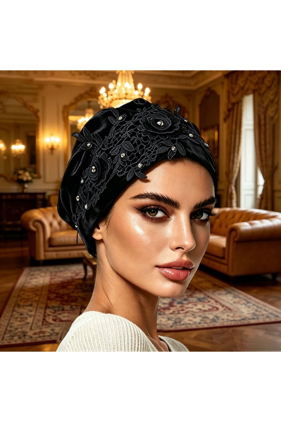 Headbands for Women Double Layer Satin Rhinestone Lace Trim Adjustable Tie Sleeping Cap Hair Protection Turban Wrap Black