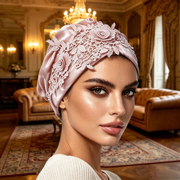 Headbands for Women Double Layer Satin Rhinestone Lace Trim Adjustable Tie Sleeping Cap Hair Protection Turban Wrap Pink
