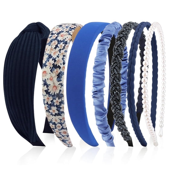 Headbands for Women Girls, 7pc Set - Non Slip Floral Padded Head Bands Cute Knotted Pearl Hair Band for Girls Vintage Wide Headband, Navy Blue
