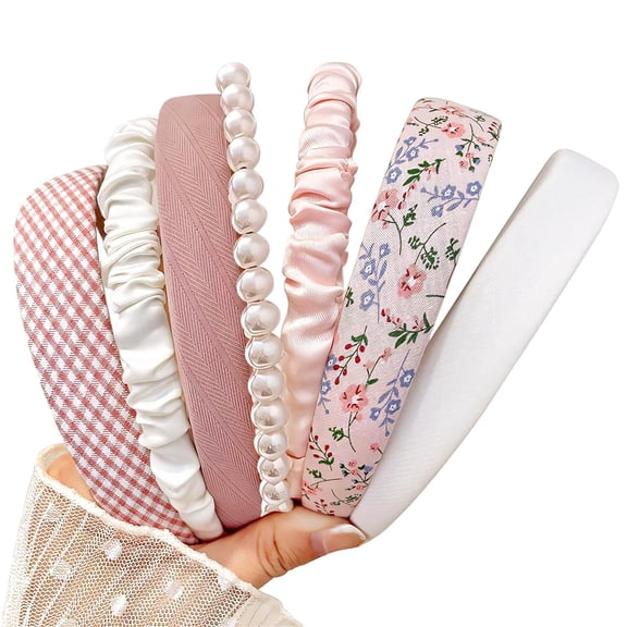 Headbands for Women Girls, 7pc Set - Non Slip Floral Padded Headbands Cute Pearl Headband for Girls Vintage Wide Headband