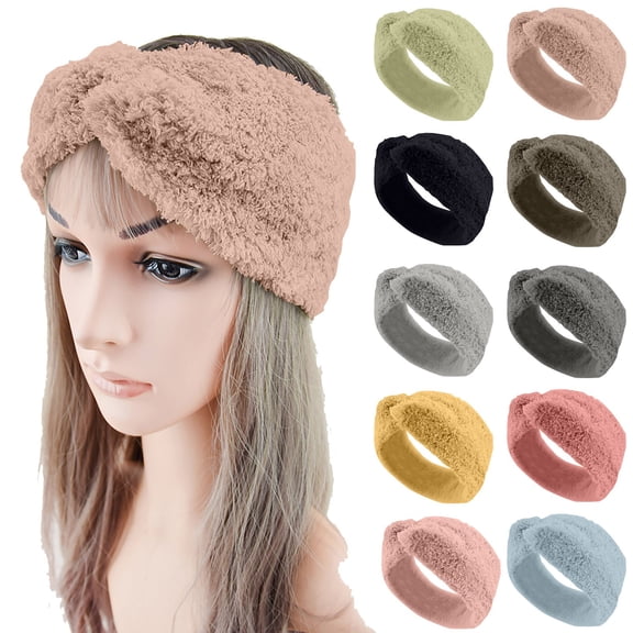 Headbands for Women LSQii Fluffy Hair Band Bandana Knot Soft Sweet Beige Adjustable Elastic Solid Color Wide Head Wrap for Leisure, Home and Vacation