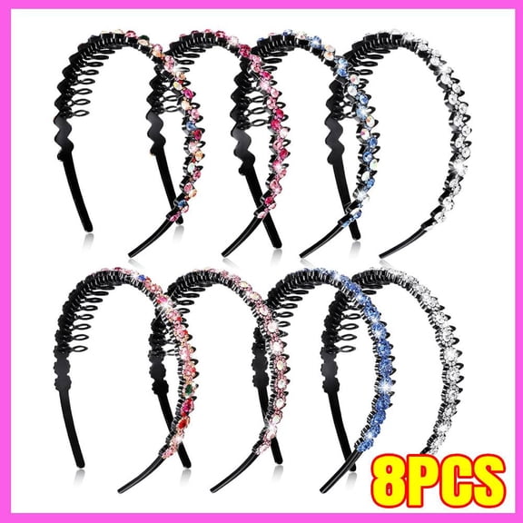 Headbands for Women with Diamond Comb, Wave Rhinestone Headbands with Teeth, 8Pcs Plastic Tooth Comb Head Bands Non Slip,