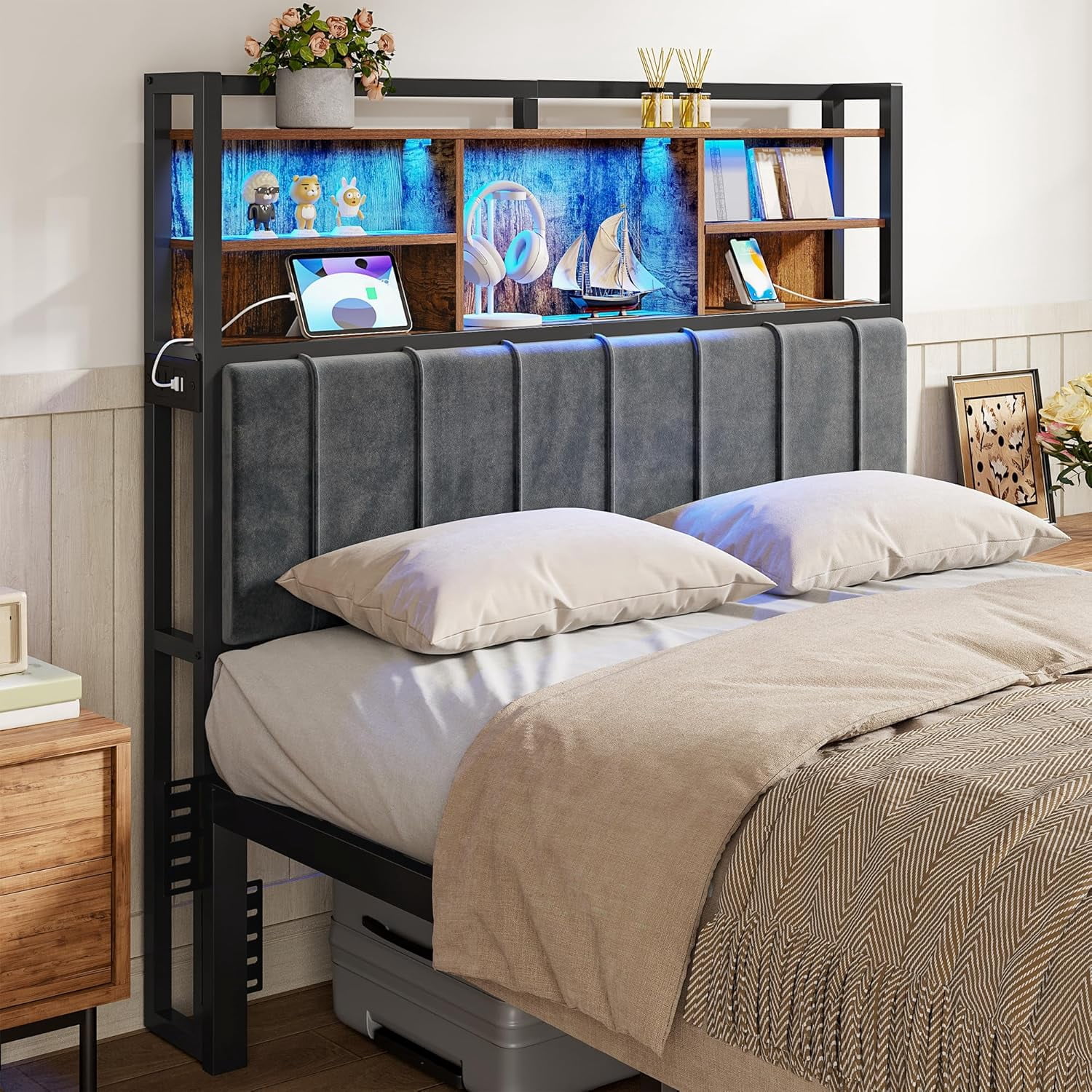 Headboard with 3-Tier Storage Shelves, Velvet Upholstered Head Board with 2 Outlets, USB Ports & LED Light, Soft Backrest for Full Size Bed, Rustic Brown and Black BH13801B