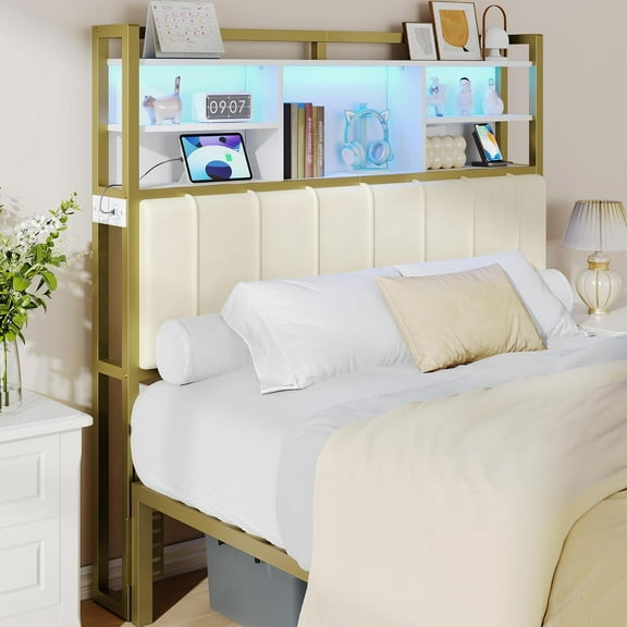Headboard with 3-Tier Storage Shelves, Velvet Upholstered Head Board with 2 Outlets, USB Ports & LED Light, Soft Backrest for Full Size Bed, White and Gold BH13803A