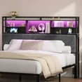 thumbnail image 1 of Headboard with 3-Tier Storage Shelves, Velvet Upholstered Head Board with 2 Outlets, USB Ports & LED Light, Soft Backrest for King Size Bed, Black BH19404B, 1 of 18