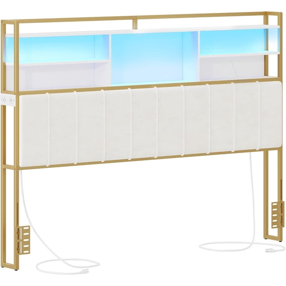 Headboard with 3-Tier Storage Shelves, Velvet Upholstered Head Board with 2 Outlets, USB Ports & LED Light, Soft Backrest for King Size Bed, White and Gold BH19403A