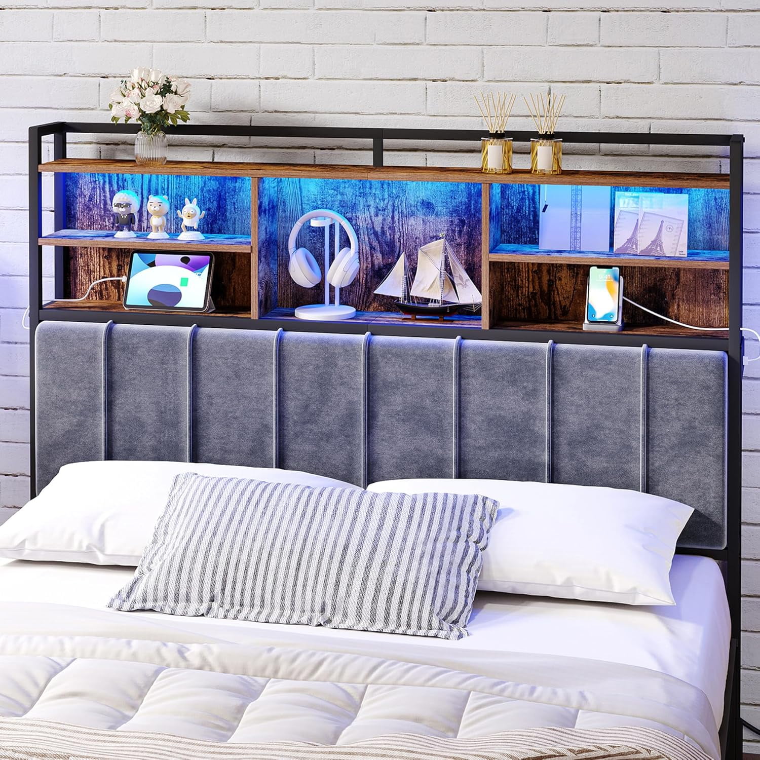 Headboard with 3-Tier Storage Shelves, Velvet Upholstered Head Board ...