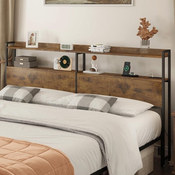 Headboard Adjustable Size Headboard with Outlets, Ports, Lights Type-C, and Storage, Rustic Brown, Sturdy Bed Frame for Comfort and Functionality, Size
