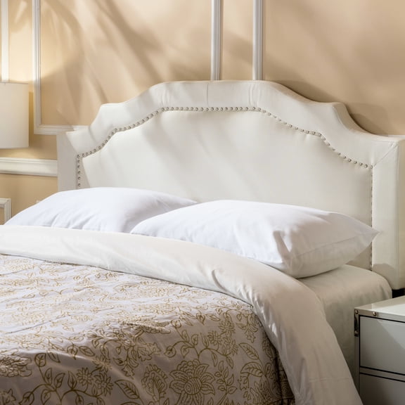 Headboard For Queen And Full Sized Bed Frames, Fabric Upholstered With Button Details Stylish & Beds, Metallic Accents Robust Black Iron Legs