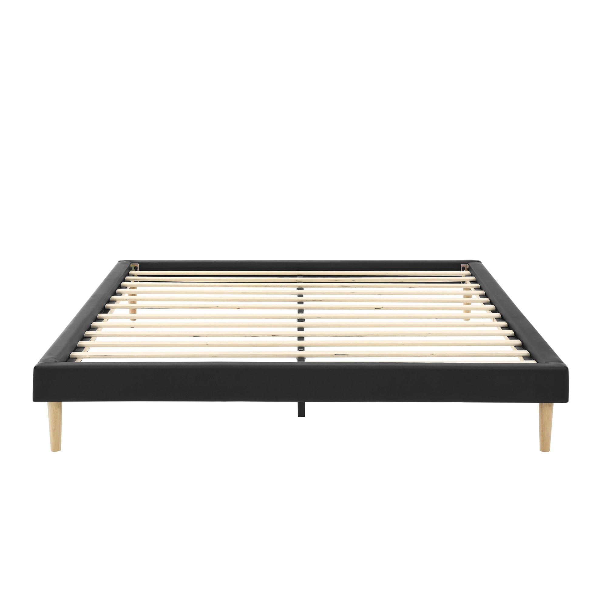 Headboard-Free King Wood Slat Platform Bed Frame, Faux Leather Upholstered Base Fits 8"-14" Mattress Robot-Friendly Underbed Clearance