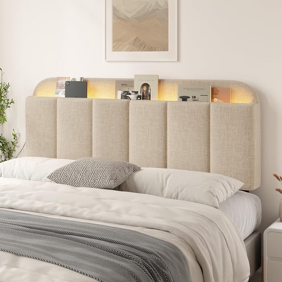 Headboard for Full/Queen Size with LED Light, Upholstered Bed HeadBoard with Storage, Linen Fabric Head Board with Vertical Channel Design, Height Adjustable, Easy to Assemble, Beige