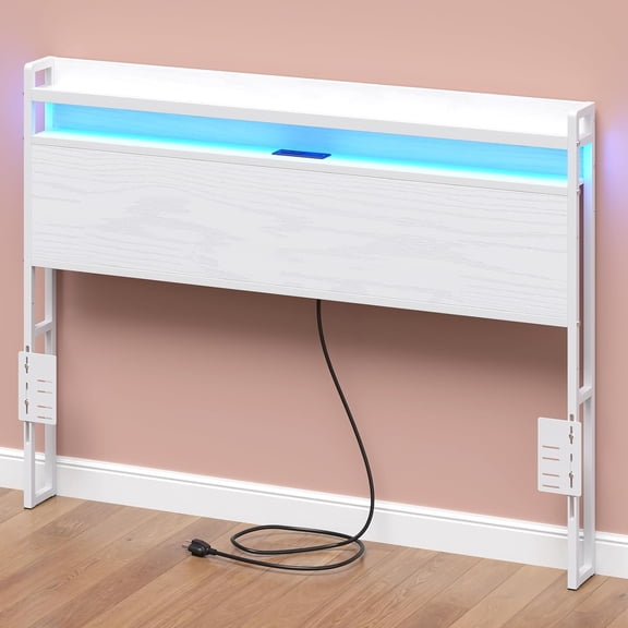 Headboard for Full Size Bed Frame with 2 Tier Storage, with Outlets, USB and Type C Ports and LED Light, Height Adjustable, Platform Bed Headboard Only, Easy Assembly, White