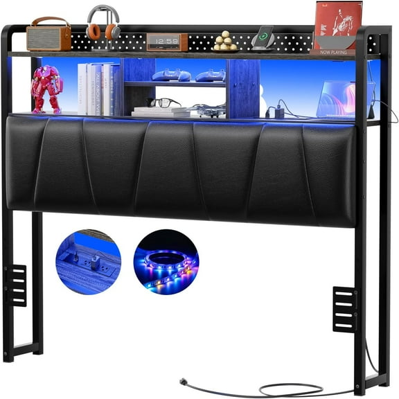 Headboard for Full Size Bed Frame, Upholstered Head Board with Outlets, USB Ports and LED Light, Comfortable Leather Headboards with Storage Shelf, Sturdy Full Bed Headboard Only, Black Oak