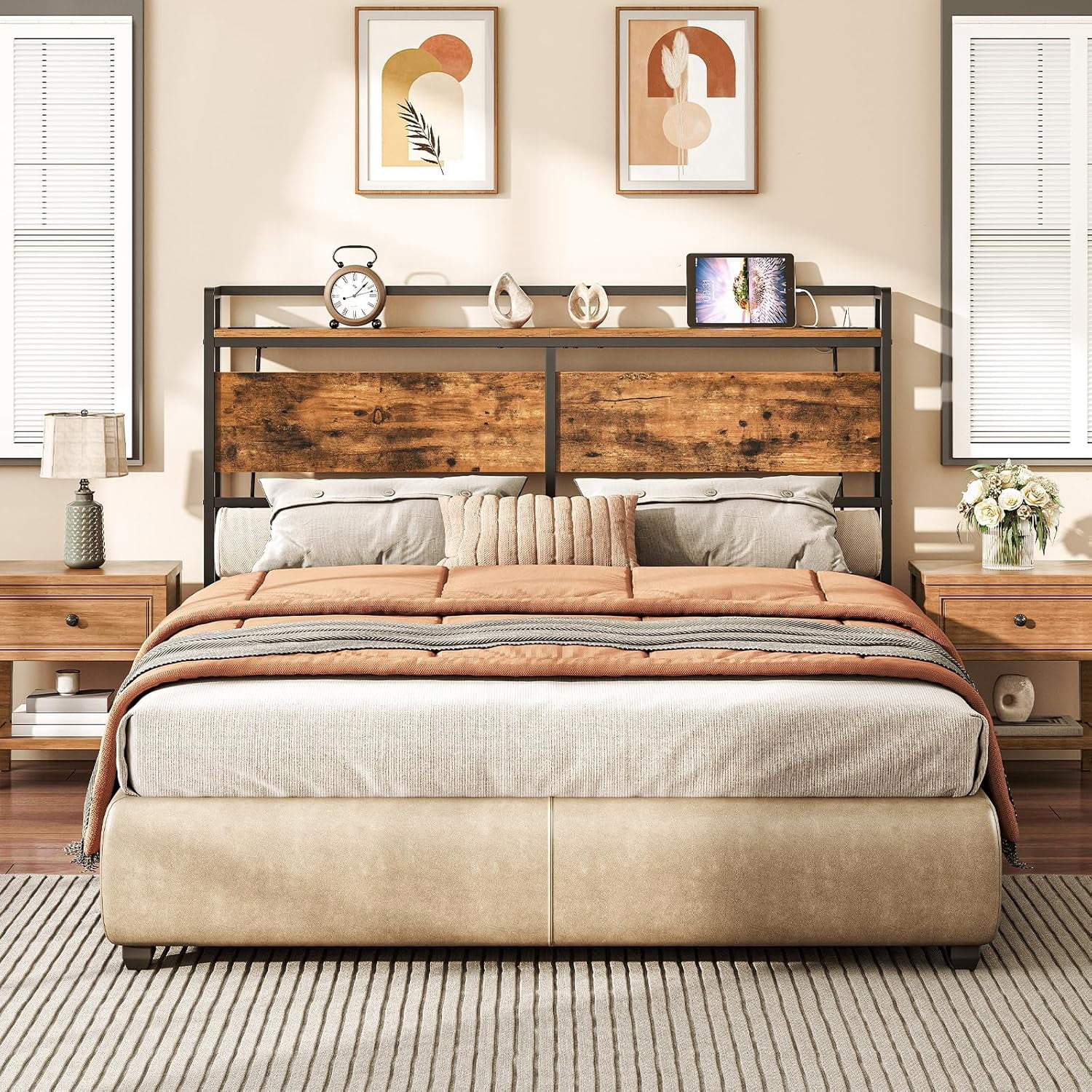 Headboard Stack Rack Headboard Full Size, Headboard with 2 Outlets and 4 USB Ports ...