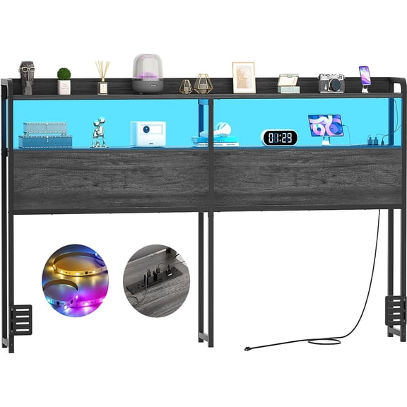 Headboard for King Size Bed Frame, Headboards with Outlets, USB Ports and LED Light, Head Board Storage, Height Adjustable, Sturdy Stable Headboard, Size, Black Oak