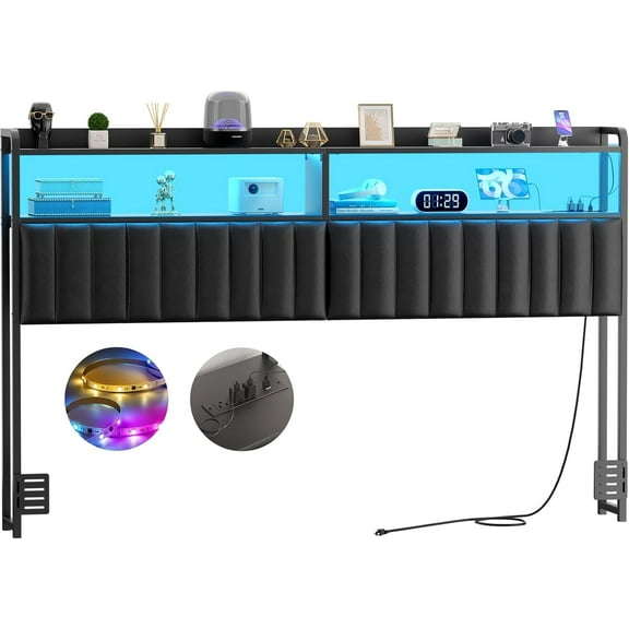 Headboard for King Size Bed Frame, Upholstered Headboards with Outlets, USB Ports and LED Light, Leather Head Board with Storage, Height Adjustable, Comfortable Headboard, Black