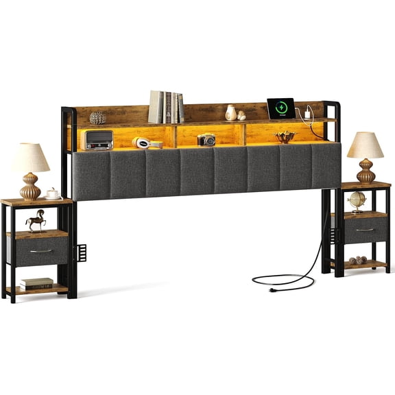 Headboard King Size with Bedside Storage, Upholstered King Headboard Only with Charging Station, RGB LED Lights, 2-Tier Storage Shelves, Head Board with Storage, Rustic Brown