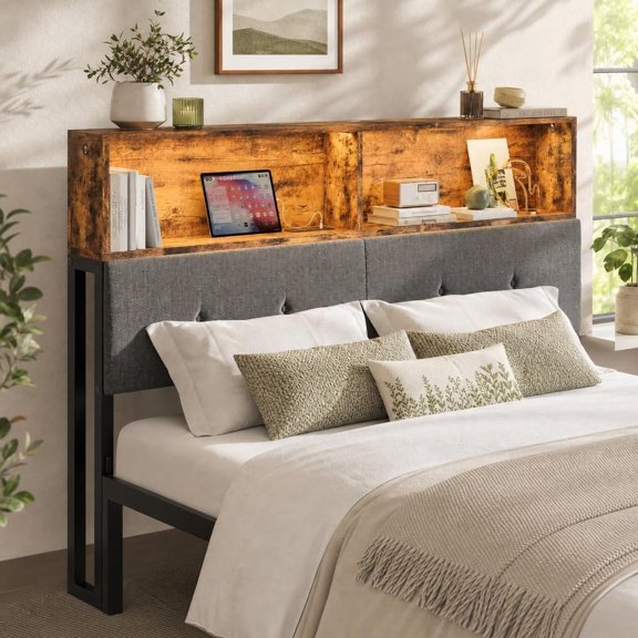Headboard Only, Upholstered Size Headboard with Storage Shelf & LED Light & Station, Sturdy & Board, Easy Assembly, Rustic Brown & Gray