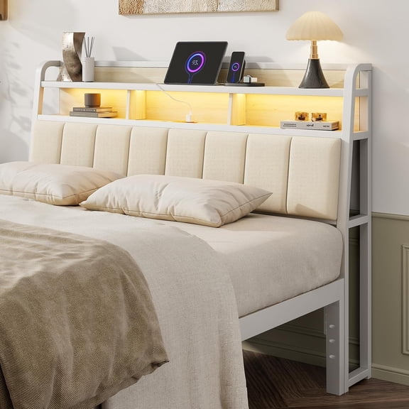 Headboard Only with Storage, Upholstered Headboards for Size Bed with LED Light, Station, Height Adjustable, Sturdy and Headboard,